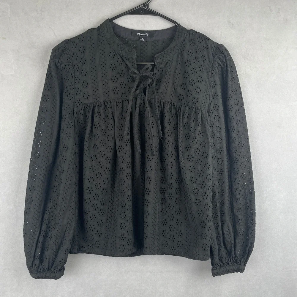 Madewell Black Cotton Victorian Goth Eyelet Tie Neck Long Sleeve Blouse Top S - Picture 1 of 8